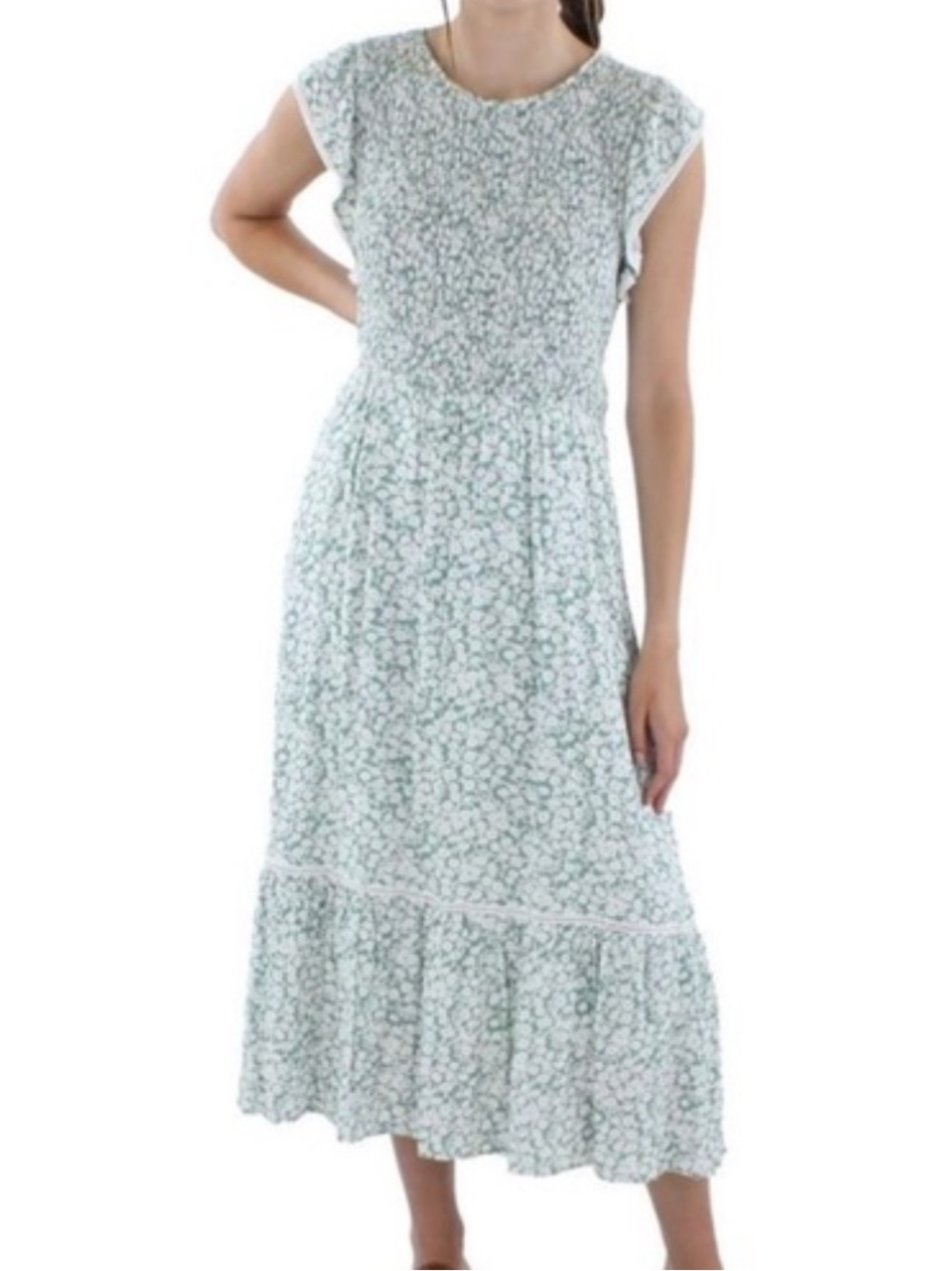 Lost + Wander Dress Womens M Green Floral Smocked Flutter Sleeve Maxi Lined